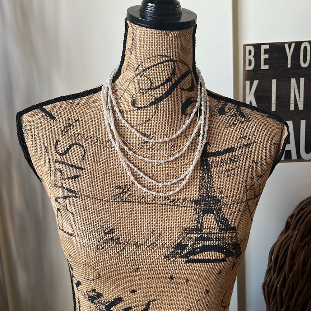 Faux Pearl and Goldtone Chain Multi-strand Necklace